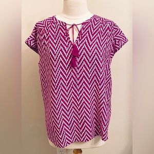 St John’s Bay Purple White Chevron Print Tassel Tie Short Sleeve Casual Top SZ L